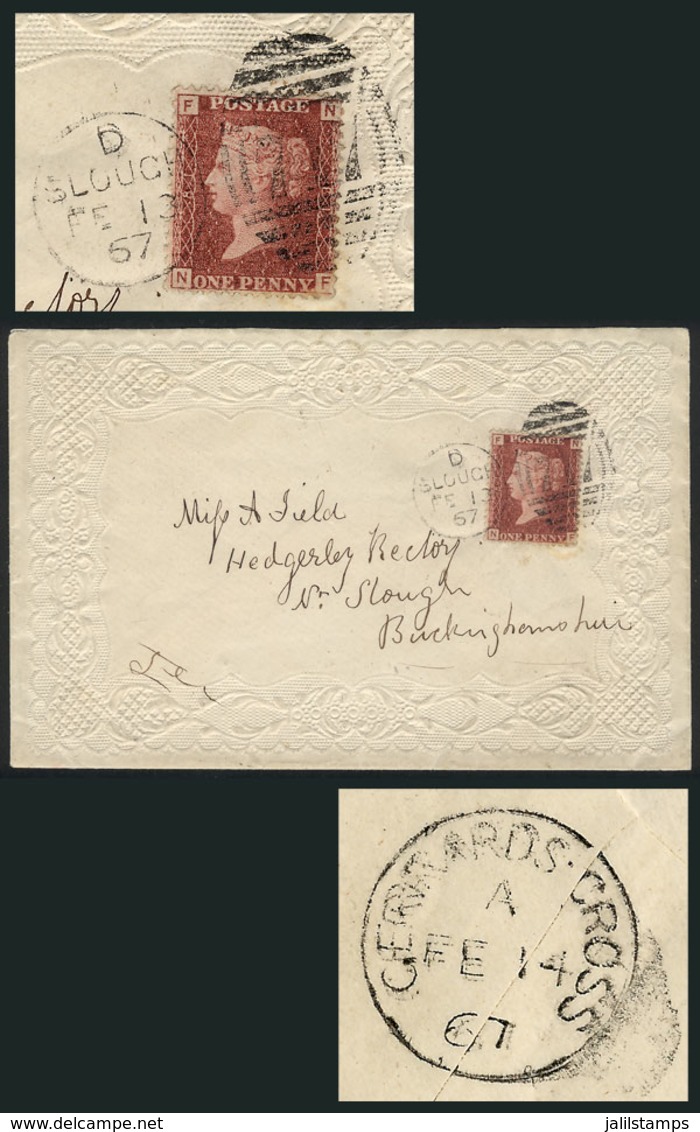 GREAT BRITAIN: "Valentine" Envelope Used Locally In SLOUGH On 13/FE/1867, Franked With 1p. Rose-red Plate 81, With Very - Sonstige & Ohne Zuordnung