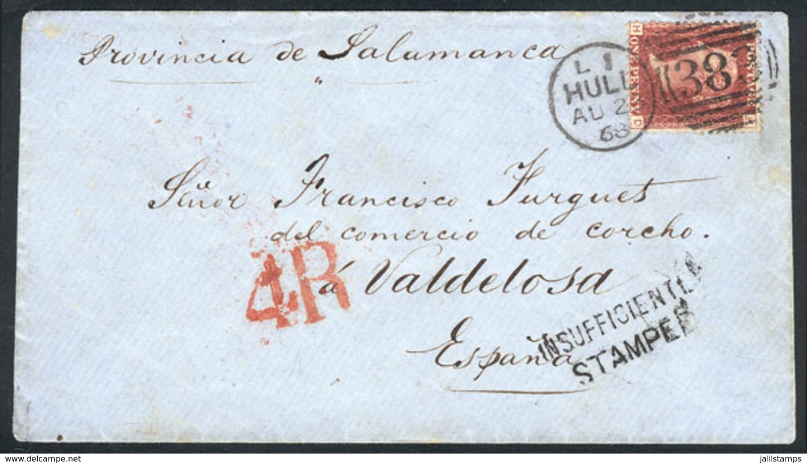 GREAT BRITAIN: 23/AU/1868 Hull - Valdelosa (Spain): Cover Franked With 1p. Red-rose (plate 117) With Duplex "HULL 383" - Autres & Non Classés