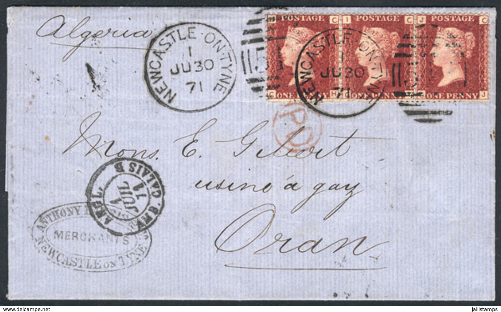 GREAT BRITAIN: 30/JUN/1871 Newcastle-On-Tyne - Oran (Algeria): Entire Letter Franked With Strip Of 3 Of 1p. Rose-red Pl - Other & Unclassified