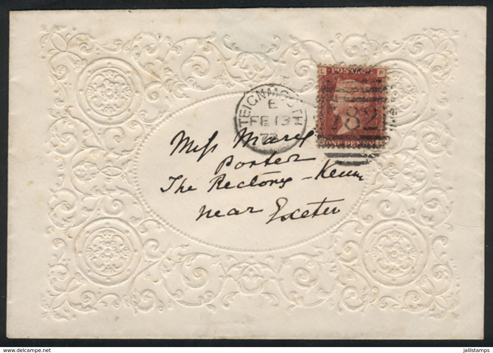 GREAT BRITAIN: "Valentine" Envelope Franked With 1p. Rose-red Plate 145 (SG.43) Sent To Exeter With Duplex "TEIGNMOUTH - Sonstige & Ohne Zuordnung