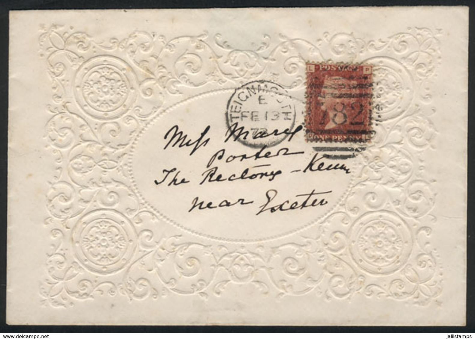 GREAT BRITAIN: "Valentine" Envelope Franked With 1p. Rose-red Plate 145 (SG.43) Sent To Exeter With Duplex "TEIGNMOUTH - Altri & Non Classificati