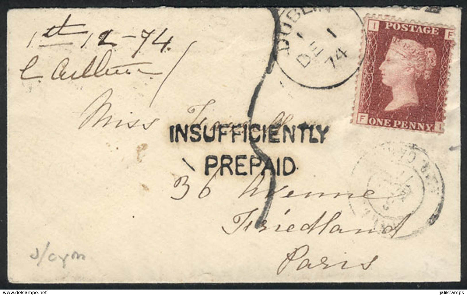 GREAT BRITAIN: 1/DE/1874 DUBLIN - Paris: Cover Franked By SG.43 (1p. Rose-red, Plate 143) And Sent To Paris, With "ISUF - Altri & Non Classificati