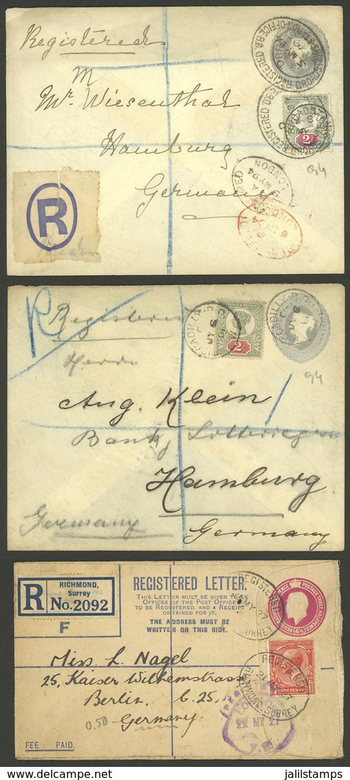 GREAT BRITAIN: 3 Registered Covers Sent To Germany Between 1894 And 1927, Very Nice! - Other & Unclassified