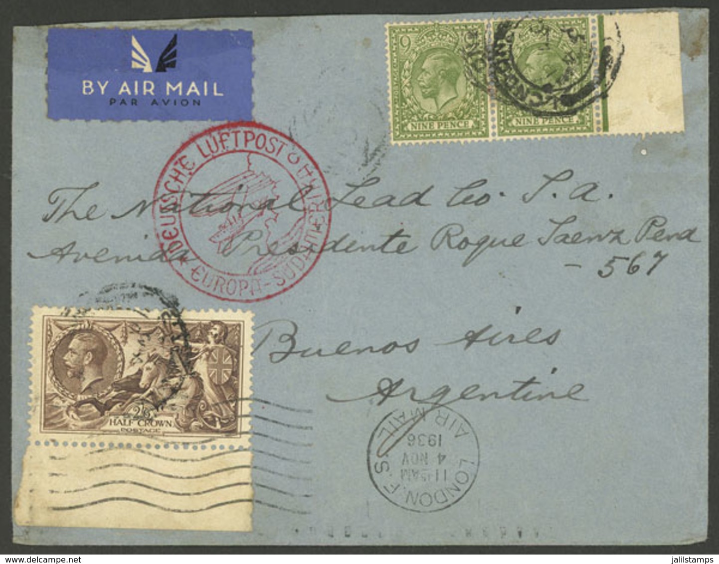 GREAT BRITAIN: 4/NO/1936 London - Argentina, Airmail Cover Sent By Germany DLH With Special Red Handstamp, VF! - Otros & Sin Clasificación