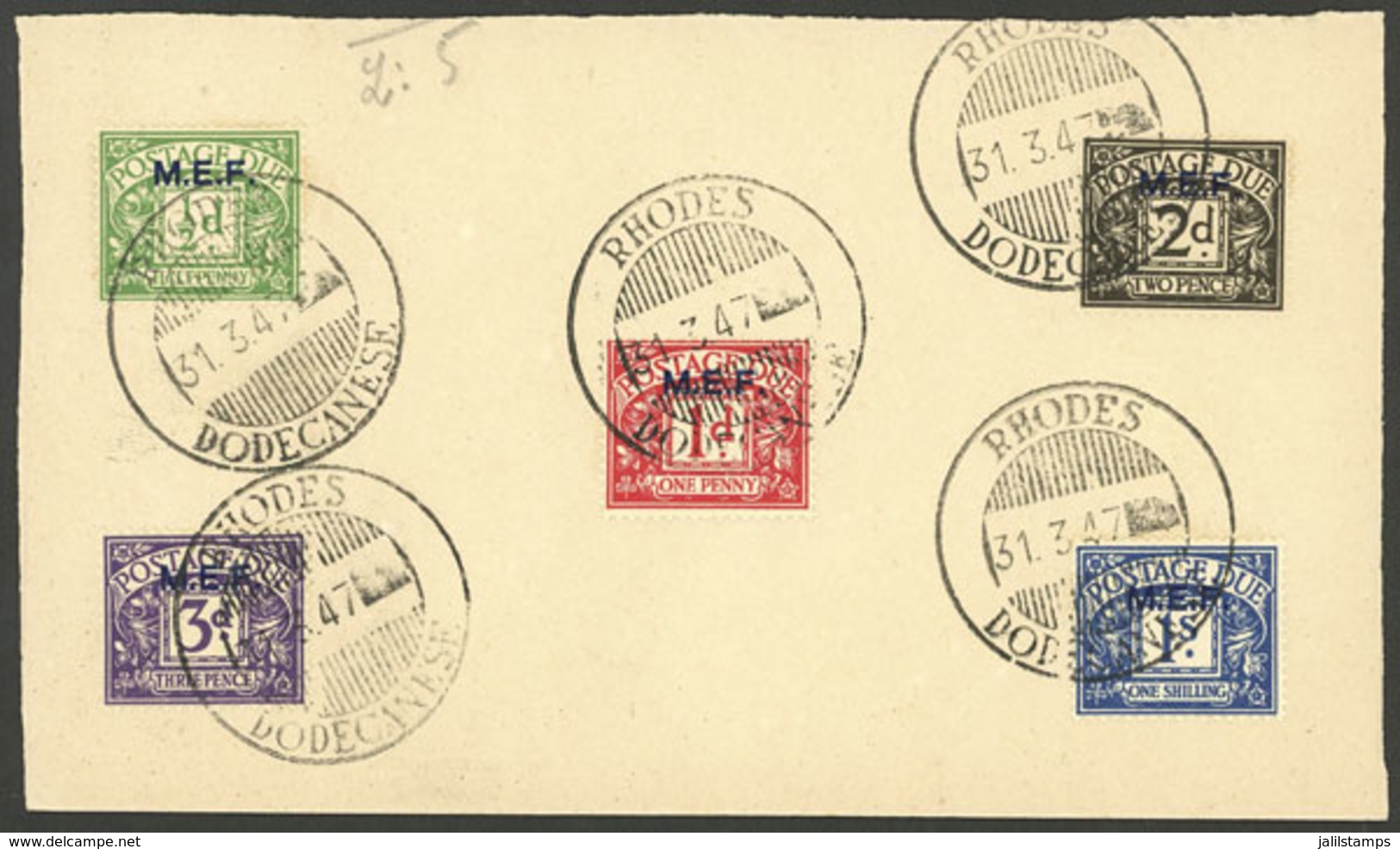 GREAT BRITAIN - M.E.F: Sc.J1/J5, The Complete Set On A Card With Postmarks Of Rhodes 31/MAR/1947, The Last Day Of The Br - Sonstige & Ohne Zuordnung
