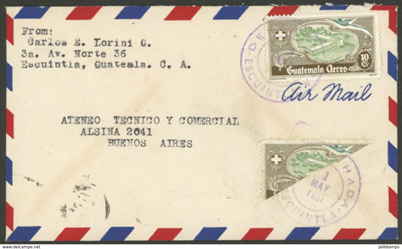 GUATEMALA: Airmail Cover Sent From ESCUINTLA To Argentina On 1/MAY/1957, The Postage Includes One BISECT, Total Fra - Guatemala