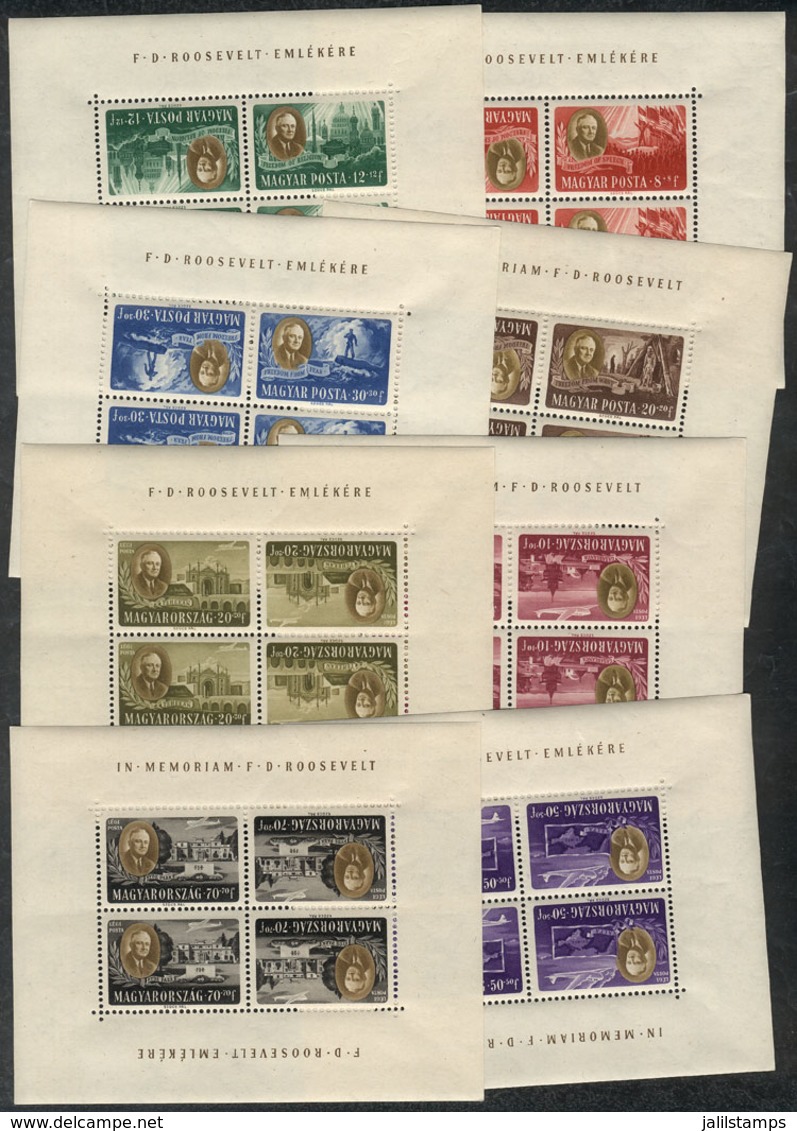 HUNGARY: Sc.B198A/B198D + CB1A/CB1C, 1947 Roosevelt, Complete Set Of 8 Values In Sheets Of 4 Tete-beche Stamps, M - Sonstige & Ohne Zuordnung