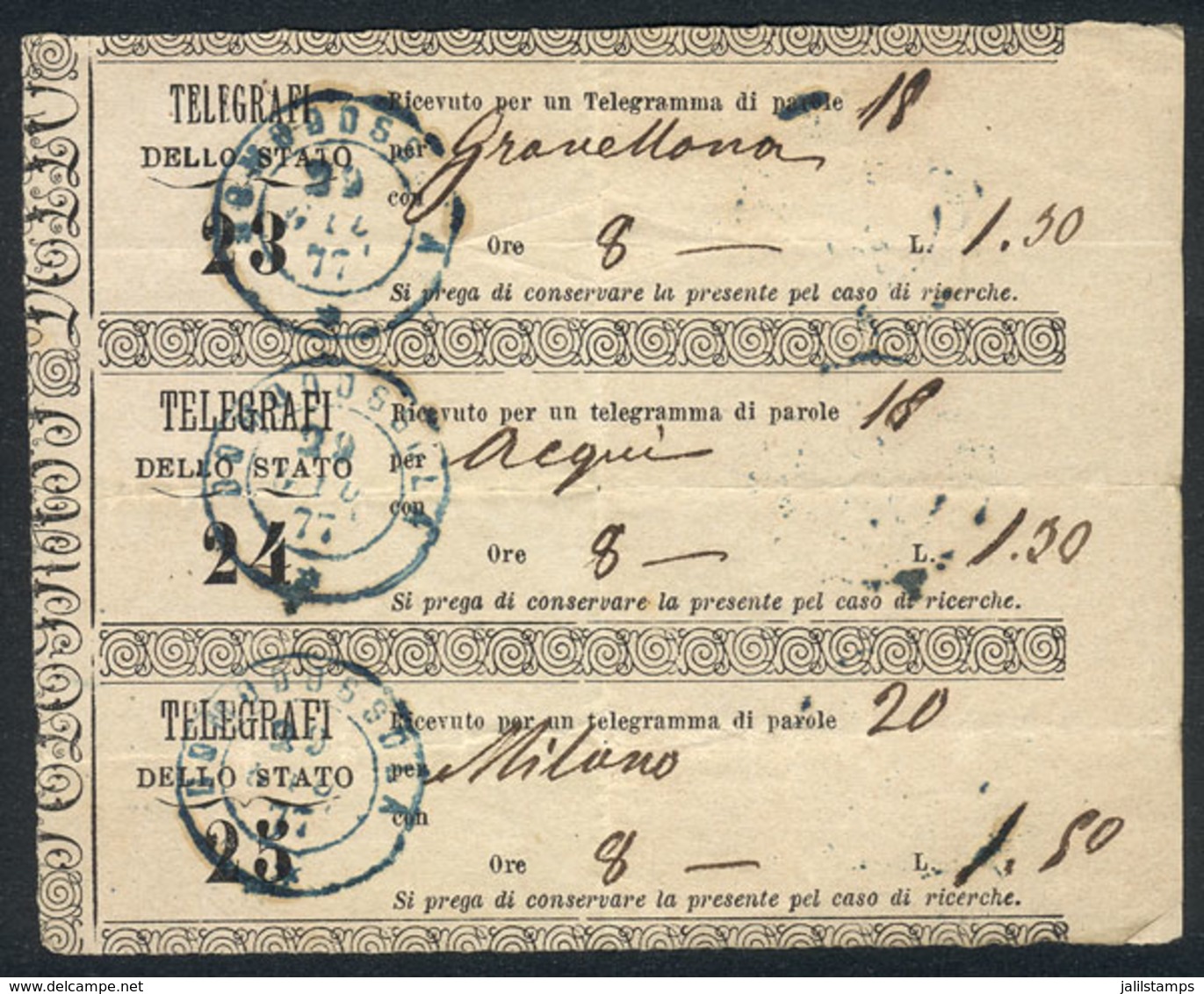 ITALY: 3 Receipts Of Telegrams Sent From DOMODOSSOLA To Different Towns On 29/JUL/1877, VF Quality, Rare! - Non Classés