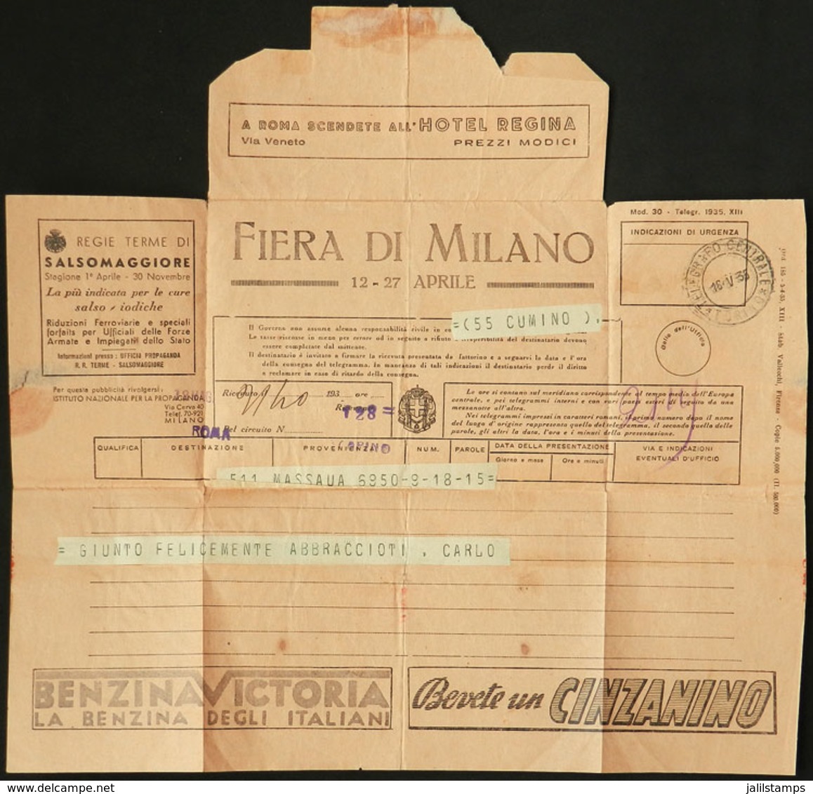 ITALY: Telegram Of The Year 1935 With Interesting ADVERTISEMENTS On Front And Back: Cinzano, Benzene, HOTEL, Tr - Non Classificati