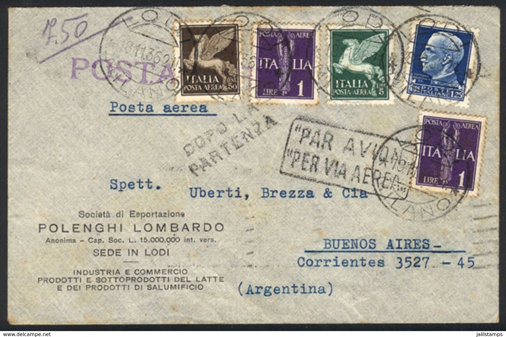 ITALY: Airmail Cover Sent From Lodi To Buenos Aires On 18/NO/1936 Franked With 8.75L., By AIR FRANCE (transit B - Non Classificati