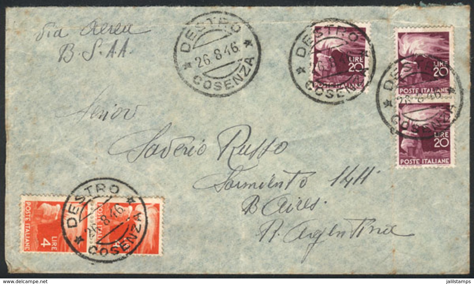 ITALY: Airmail Cover Sent From Destro To Argentina On 26/AU/1946 Franked With 68L., Very Nice! - Non Classificati