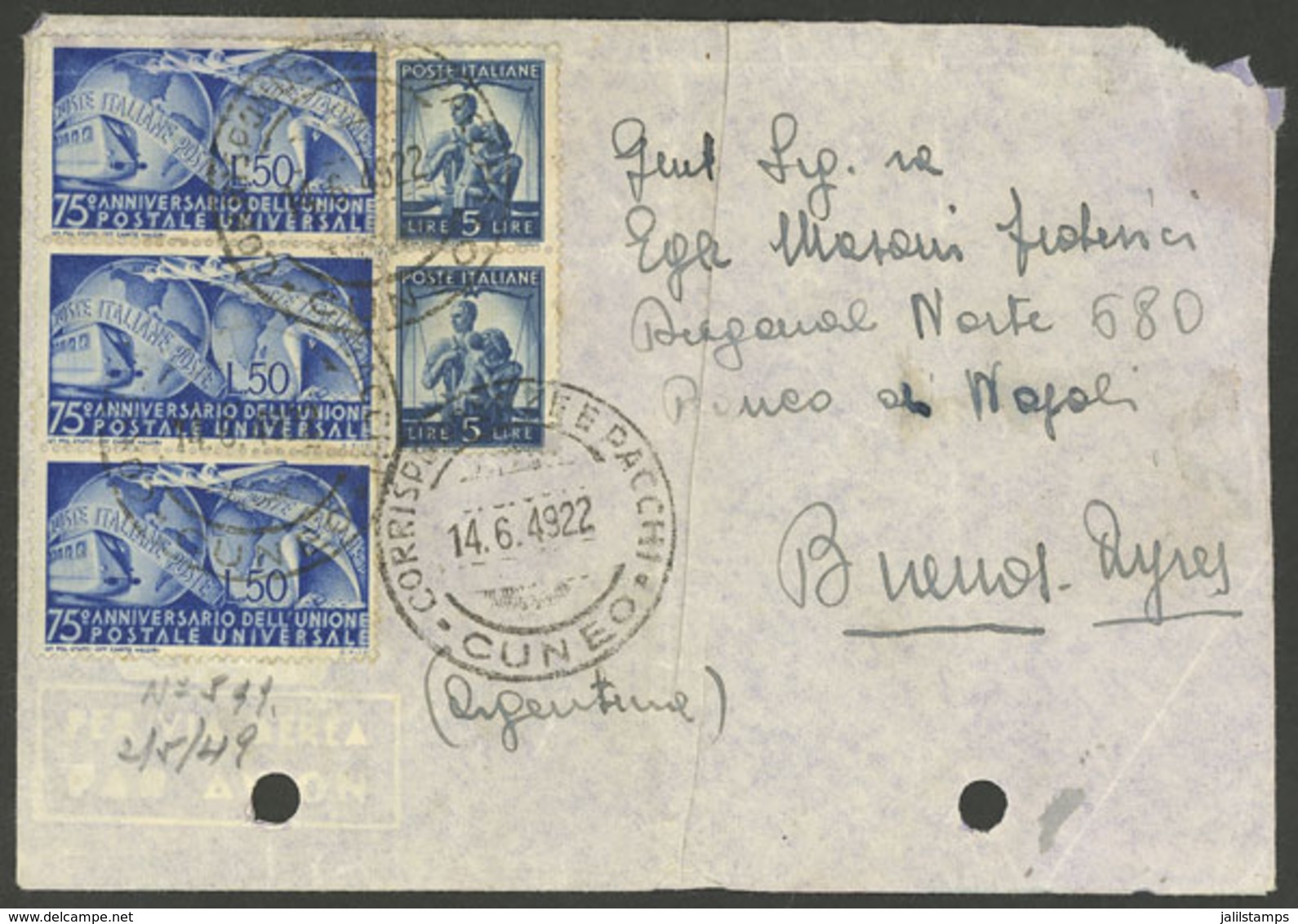 ITALY: Airmail Cover Sent From Cuneo To Argentina On 14/JUN/1949 With Attractive Franking, Some Defects, Good O - Non Classificati