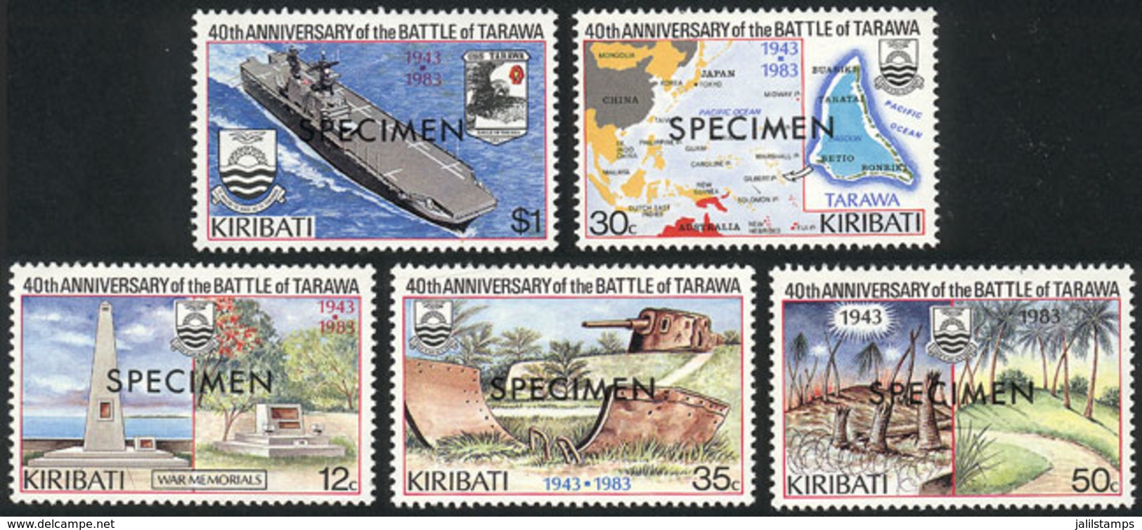 KIRIBATI: Sc.431/5, 1983 Ships, Maps & War, Cpl. Set Of 5 Values With SPECIMEN Overprint, Excellent Quality! - Kiribati (1979-...)