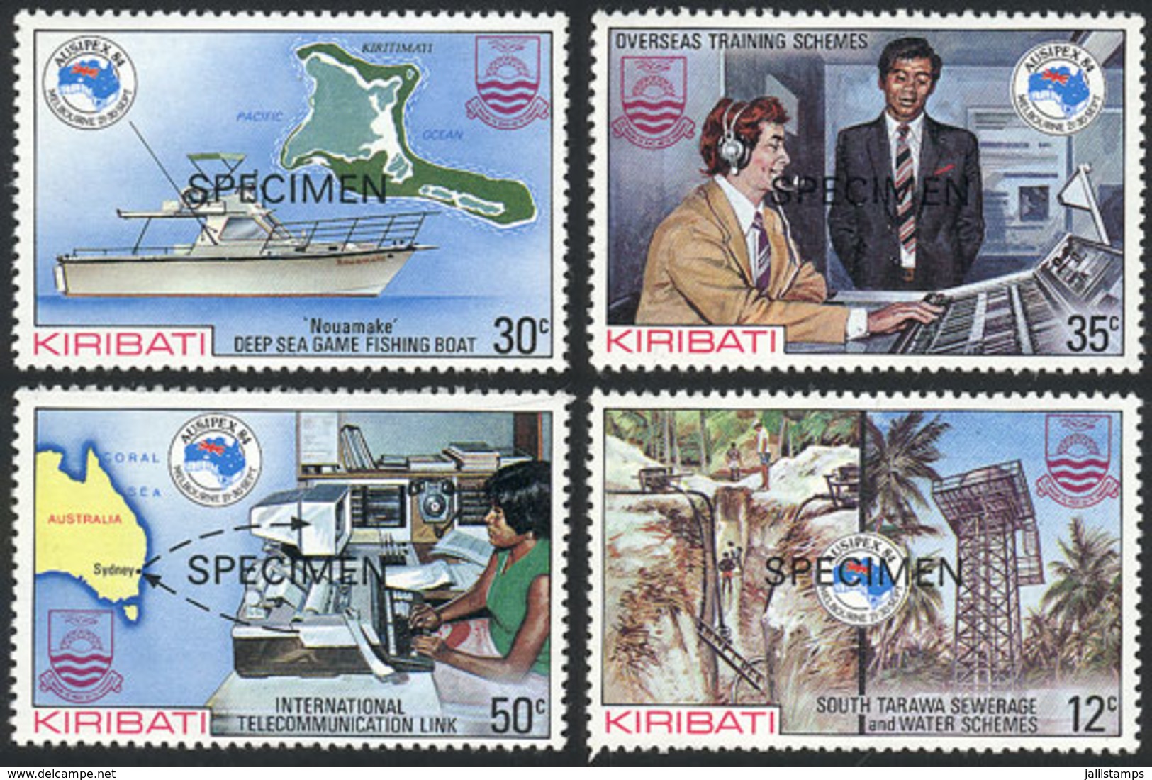 KIRIBATI: Sc.444/7, 1984 Ships, Maps & Communications, Cpl. Set Of 4 Values With SPECIMEN Overprint, Excellent Qua - Kiribati (1979-...)