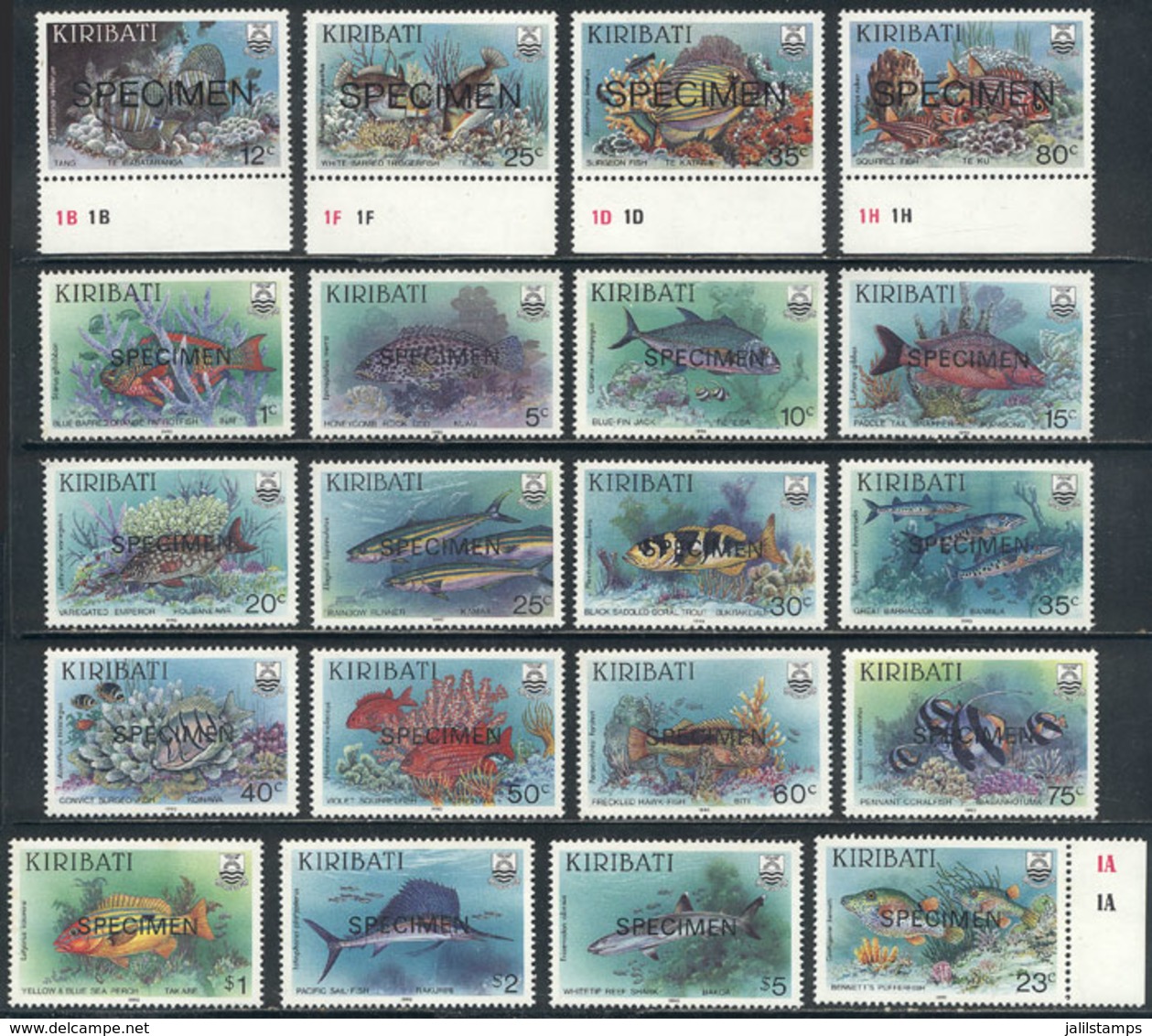 KIRIBATI: Sc.452/5 + 540/54 + 567, 1985/1991 Fish, Complete Set Of 20 Values With SPECIMEN Overprint, Excellent Qu - Kiribati (1979-...)