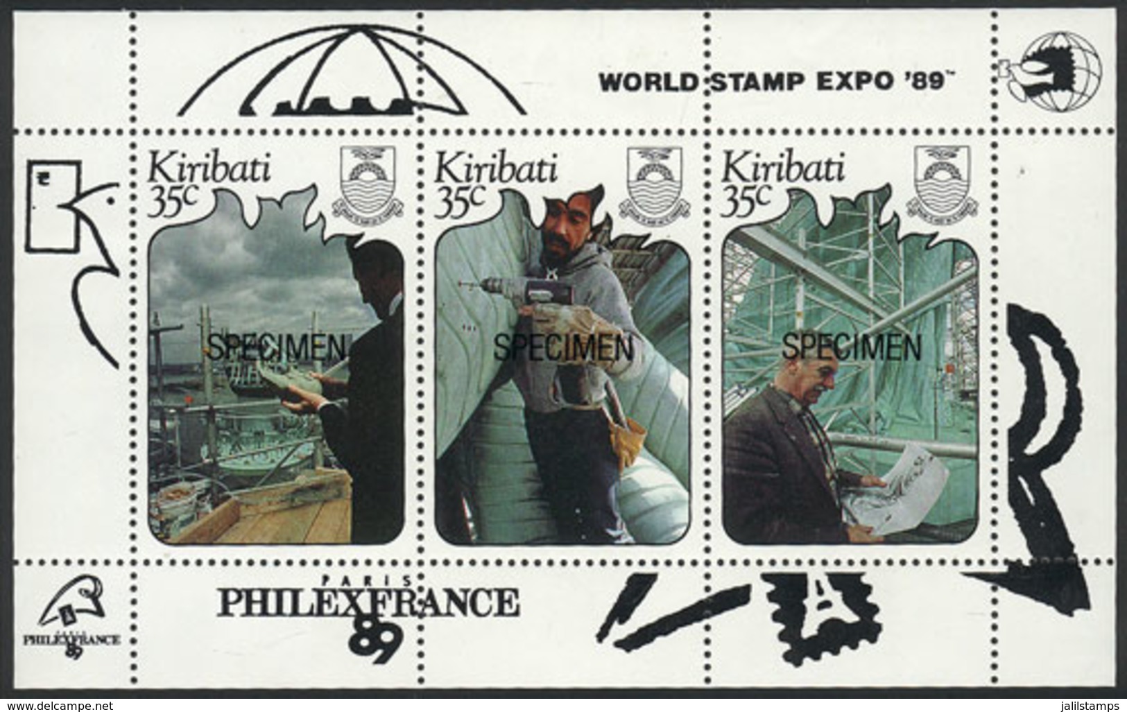 KIRIBATI: Sc.527, Stamp Expos, Cpl. Set Of 3 Values In A Souvenir Sheet With SPECIMEN Overprint, Excellent Quality - Kiribati (1979-...)