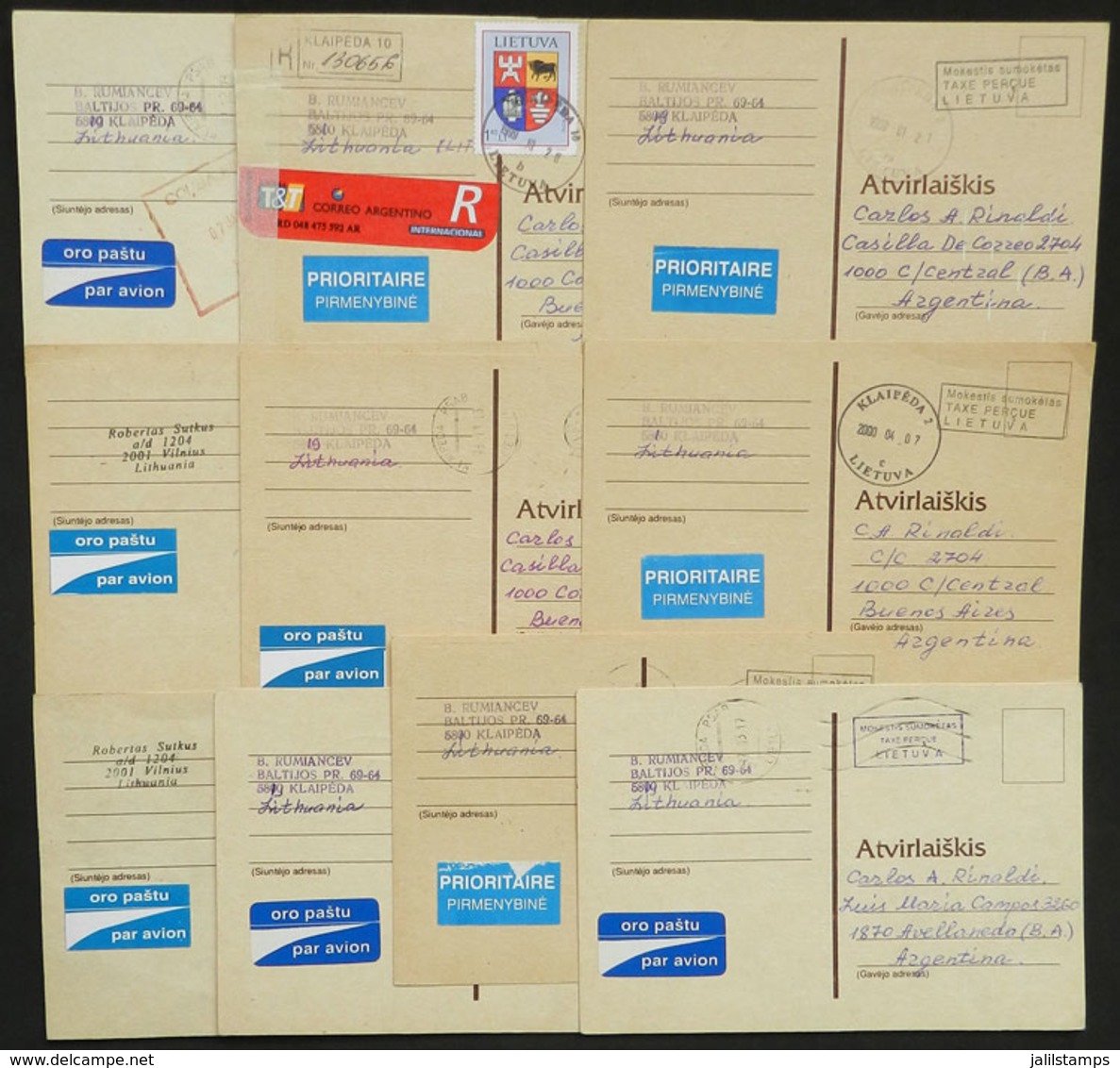 LITHUANIA: 44 Postal Chess Cards Sent To Argentina Between 1997 And 1999, All With POSTAGE PAID Marks And Only One - Lituania