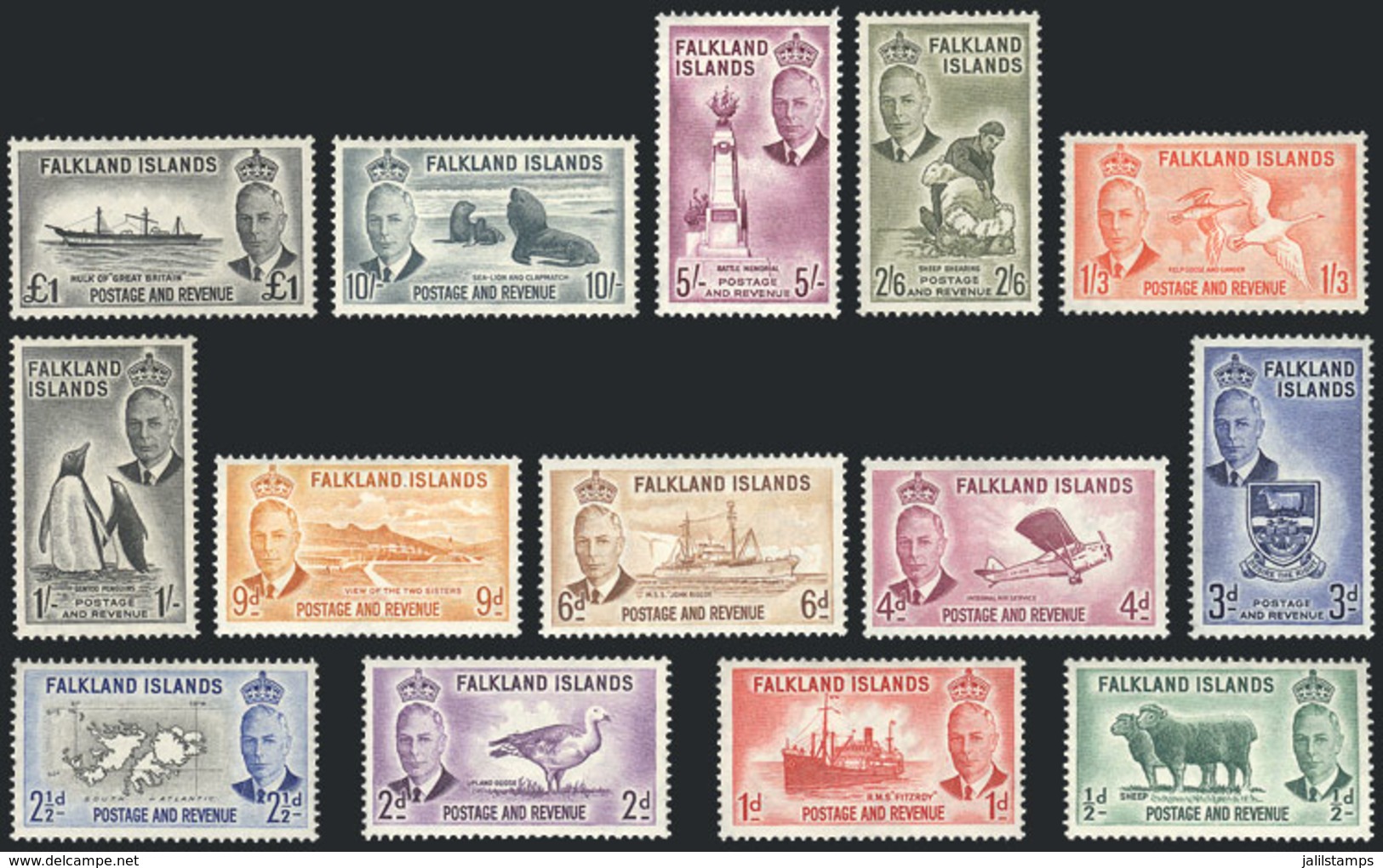 FALKLAND I.: Yv.101/114, 1952 Animals, Birds, Ships, Etc., Cmpl. Set Of 14 Values, Mint Very Lightly Hinged, VF Quali - Falklandinseln