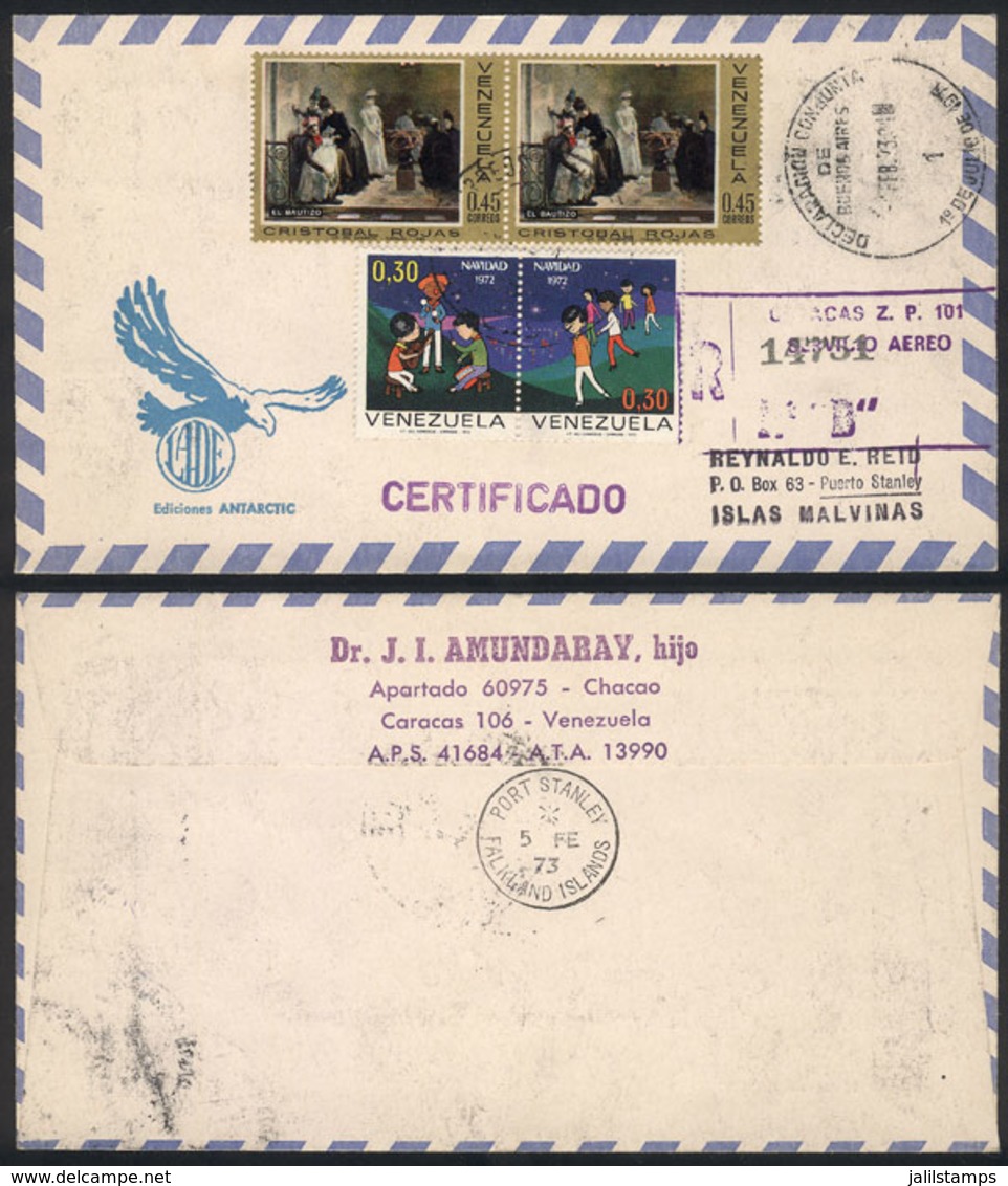 FALKLAND I.: Registered Airmail Cover Sent From Venezuela To Port Stanley, With "Declaración Conjunta" Mark On Front - Falklandeilanden