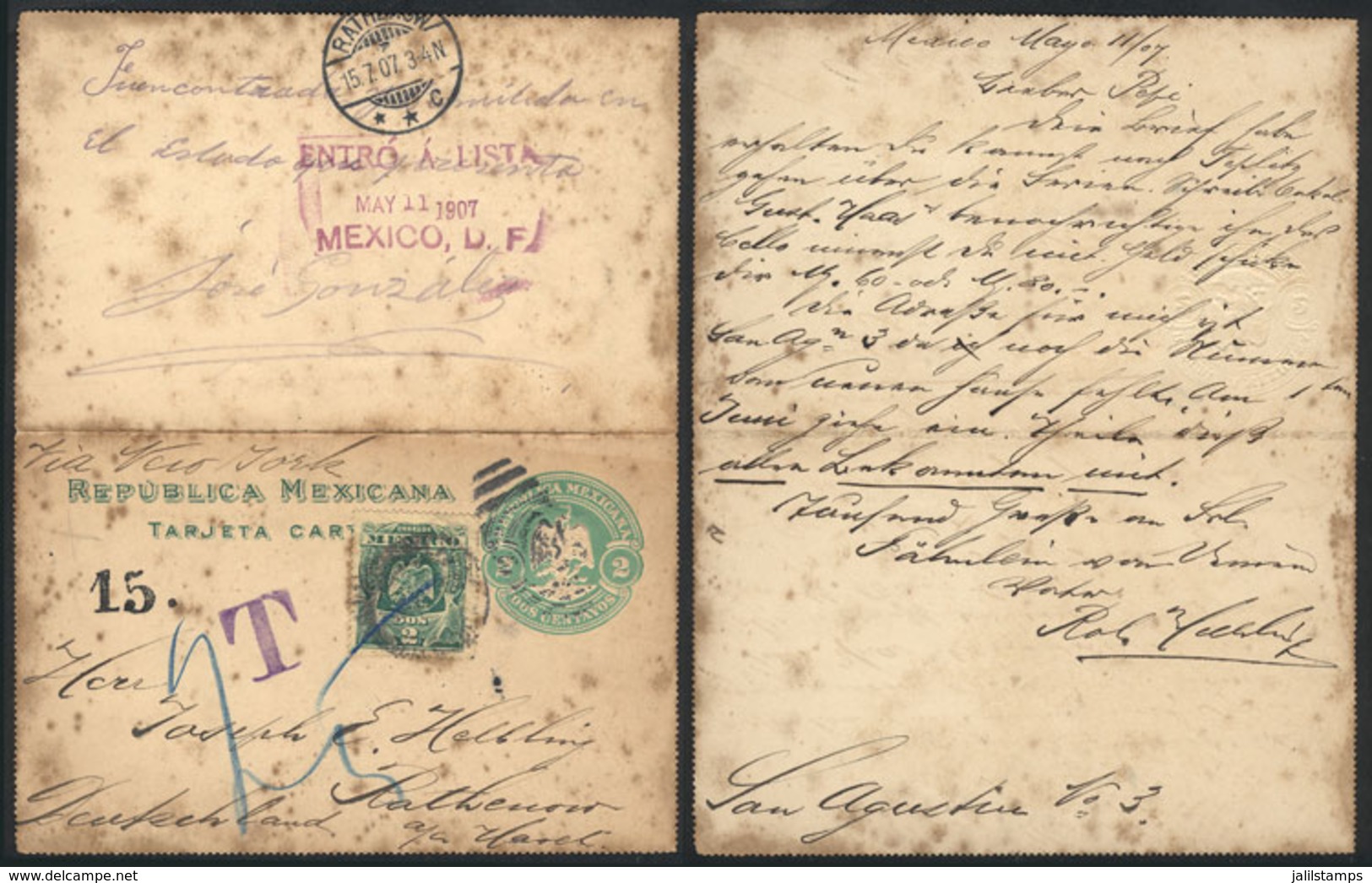 MEXICO: Lettercard Sent To Germany On 11/MAY/1907, With Manuscript Inscription On Back: It Was Found And Deliver - Mexiko