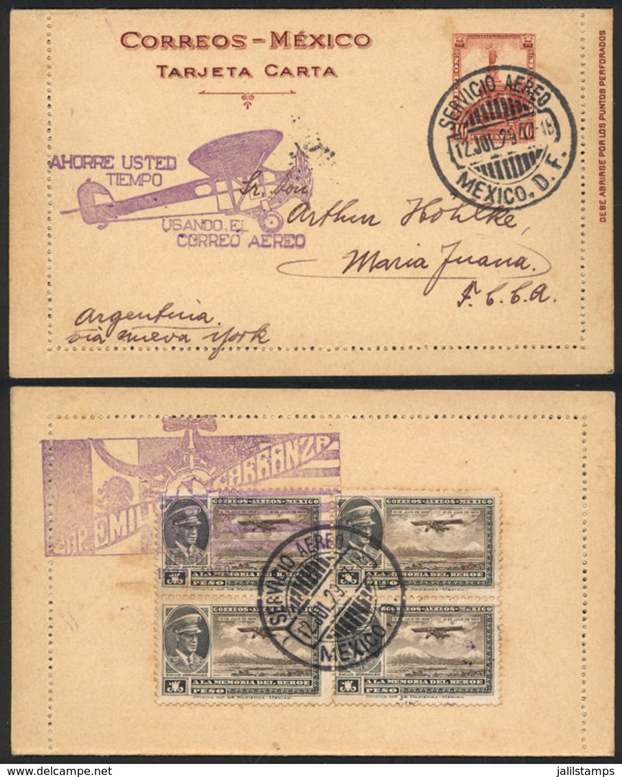MEXICO: 12/JUL/1929 Mexico - María Juana (Argentina), Airmail Cover "via New York", With Special Violet Markings - Mexique