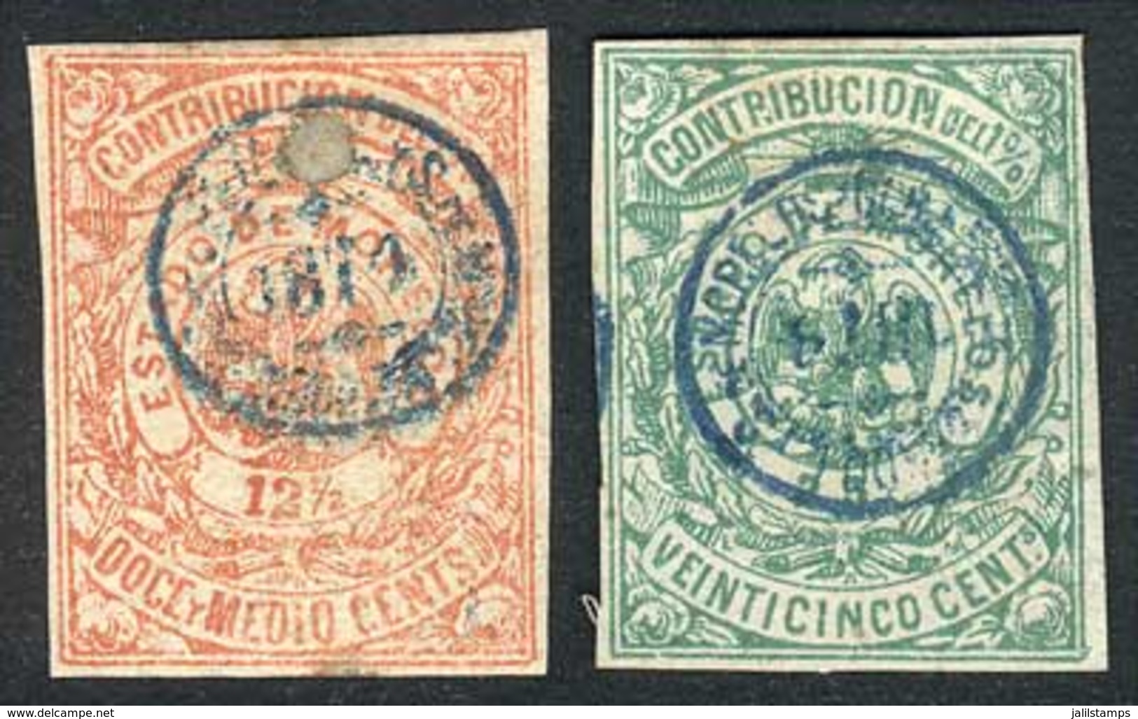 MEXICO: STATE OF MORELOS: Contribución 1%, Year 1871, 2 Stamps Of 12½ And 25c., VF Quality! - Messico