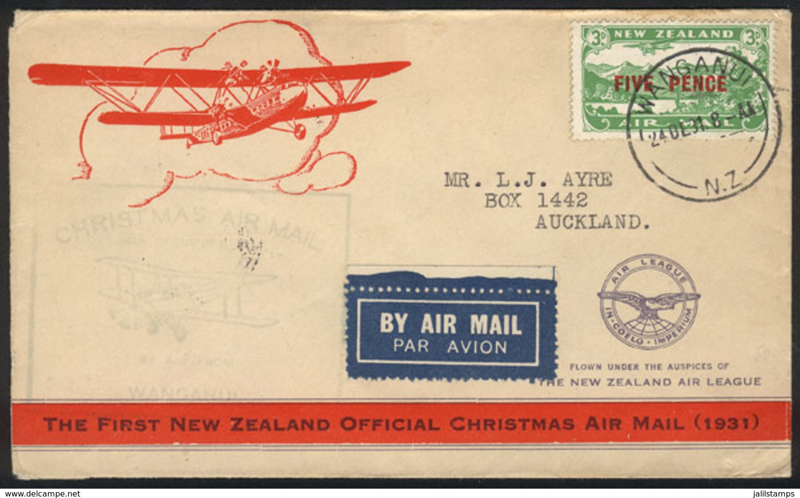 NEW ZEALAND: 24/DE/1931 Wanganui - Auckland, First Christmas Official Cover, Cover With Arrival Backstamp, VF Quality - Autres & Non Classés