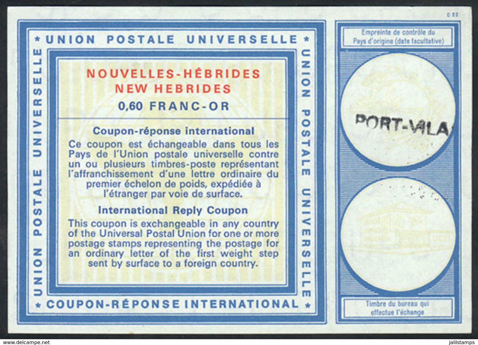 NEW HEBRIDES: Rare International Reply Coupon (circa 1973) Of 60c. Franc Or, VF Quality! - Altri & Non Classificati