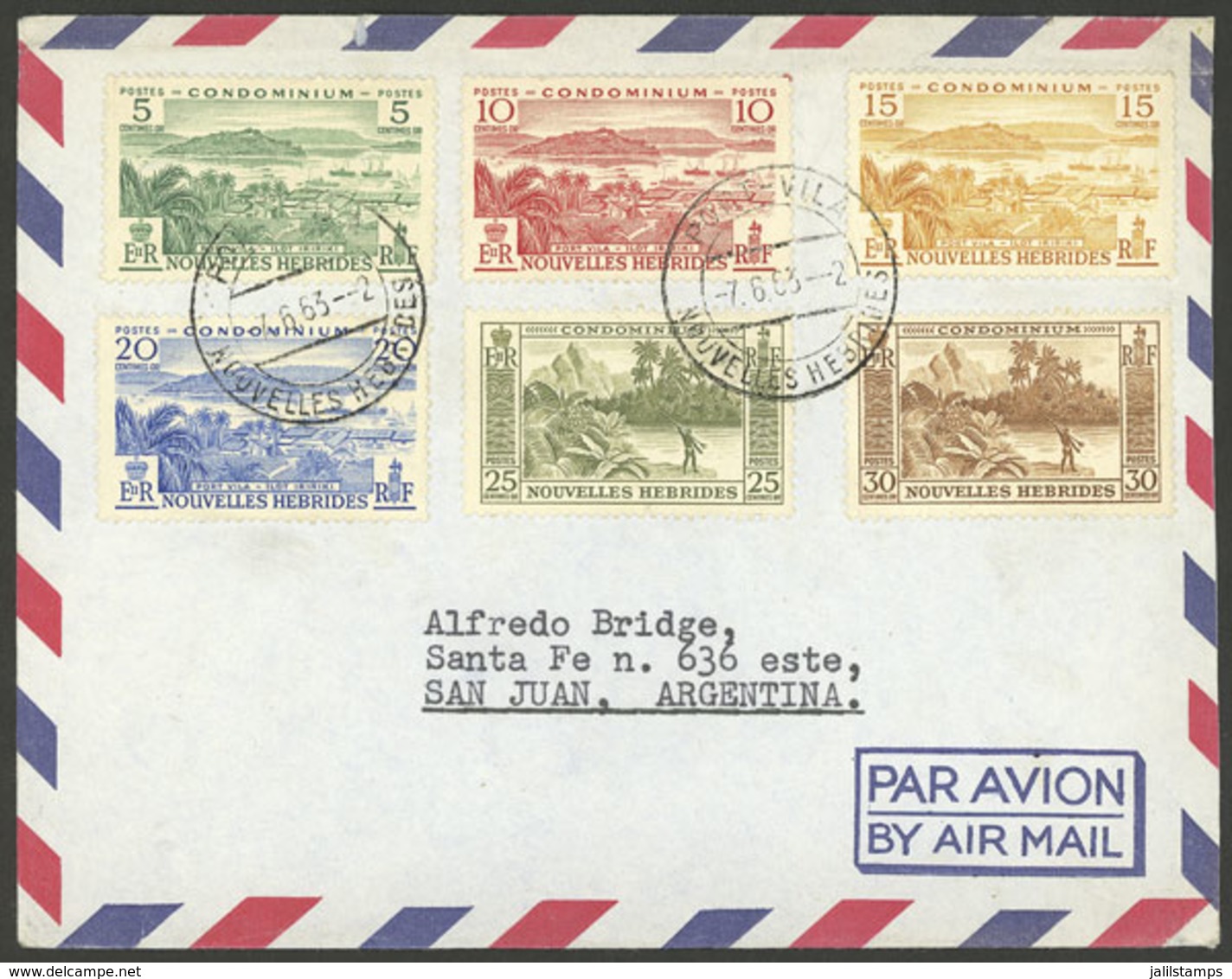 NEW HEBRIDES: 7/JUN/1963 Port Vila - Argentina, Airmail Cover With Colorful Postage Of 6 Different Stamps, Rare Destin - Andere & Zonder Classificatie