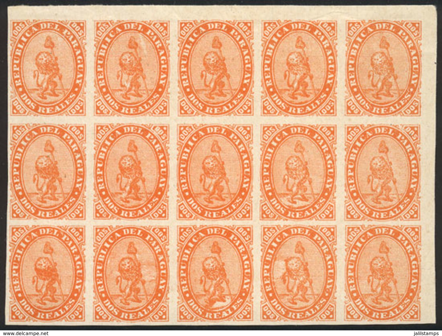 PARAGUAY: Sc.2, 1870 Lion 2R., PROOF In Orange, Block Of 15 Stamps Printed On Thick Paper Glazed On Both Sides, To - Paraguay