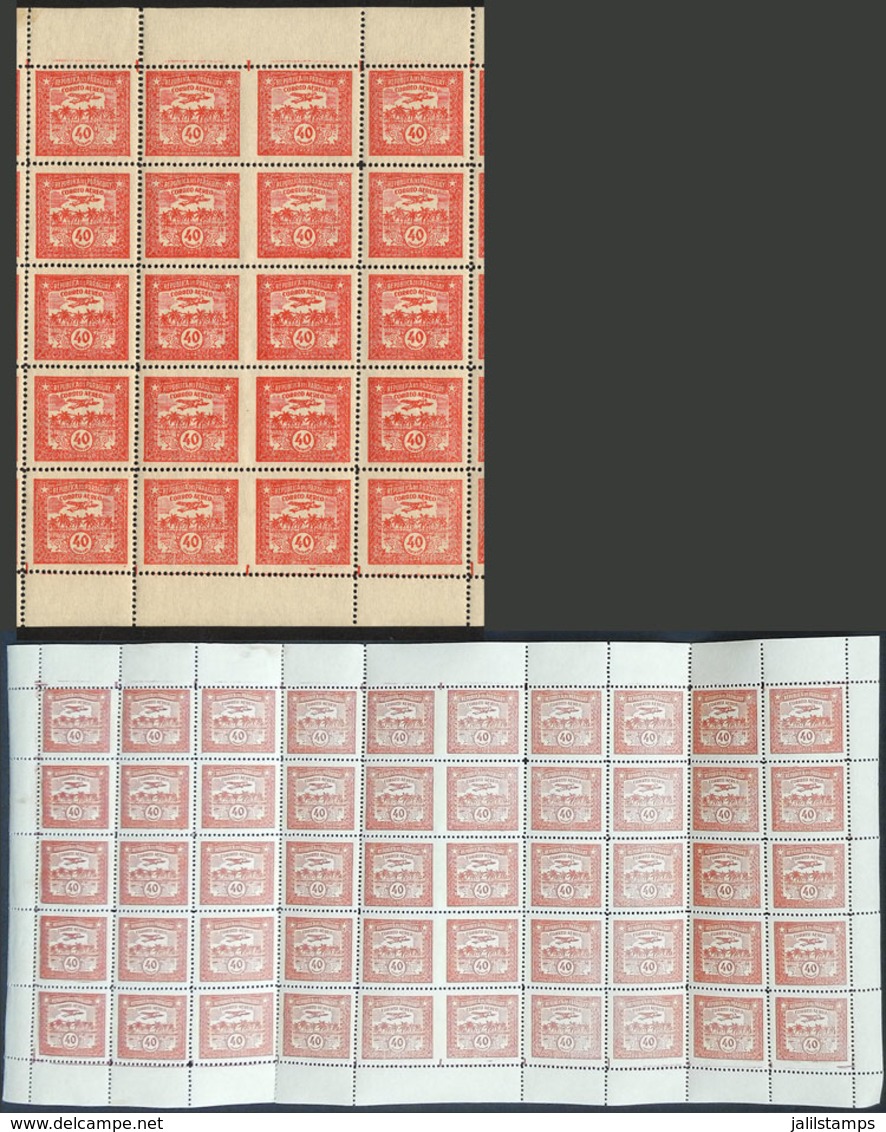 PARAGUAY: Sc.C70, 1931/6 40c. Red, Airplane Over Palm Trees, Complete Sheet Of 50 Including 5 HORIZONTAL PAIRS IMPERFORA - Paraguay