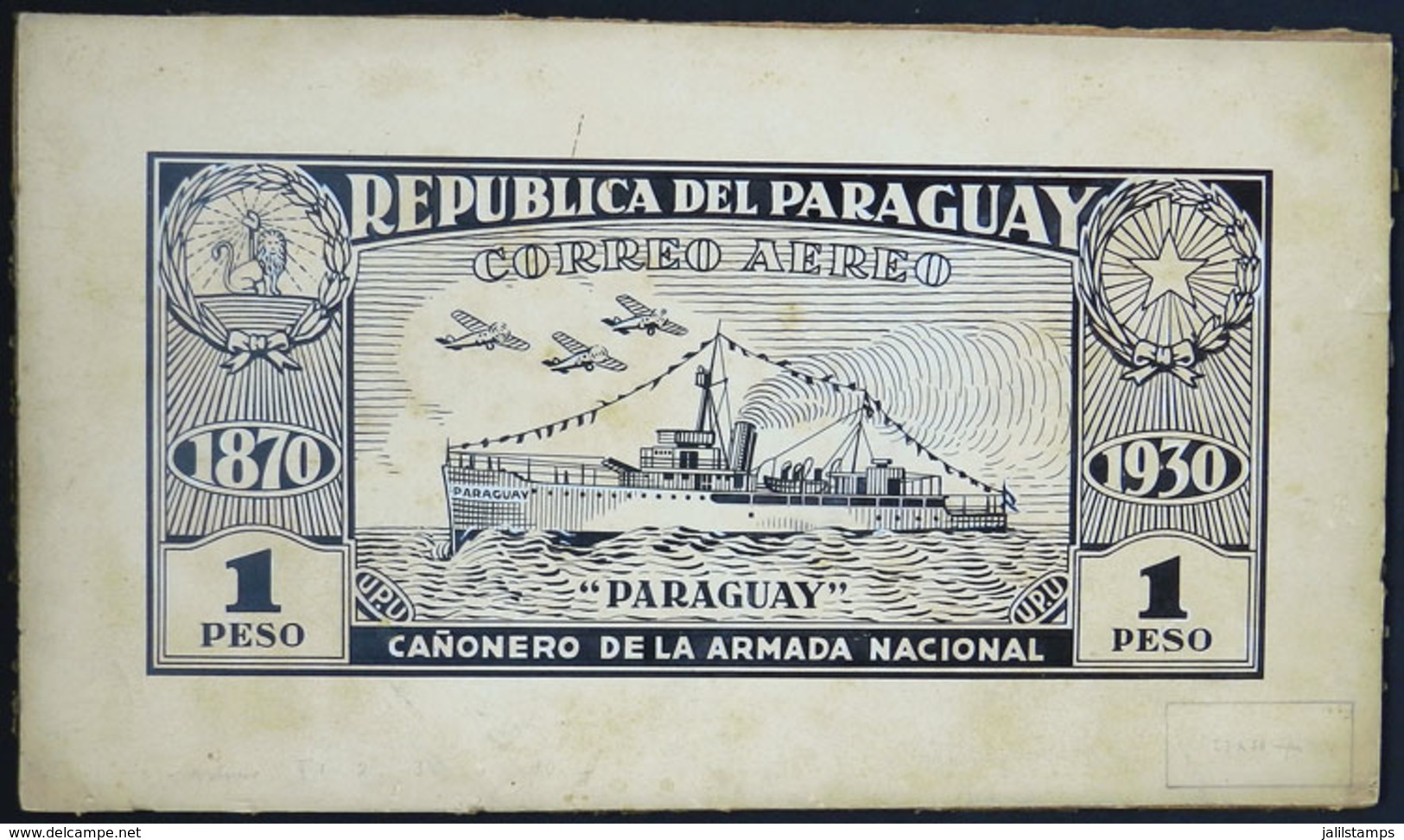 PARAGUAY: Sc.C40, 1930 1P. Battleship (gunboat) Paraguay, Original Artist's Design In India Ink On Card, Size Of The Dra - Paraguay
