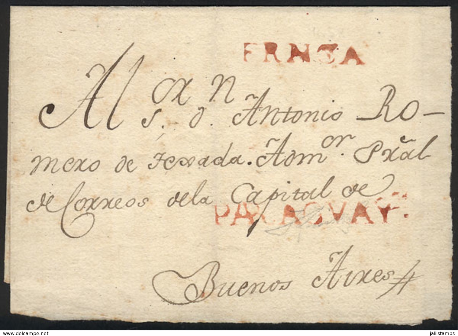 PARAGUAY: Circa 1800, Folded Cover Sent From Asunción To Buenos Aires, With The Marks PARAGUAY And FRANCA Perfectl - Paraguay