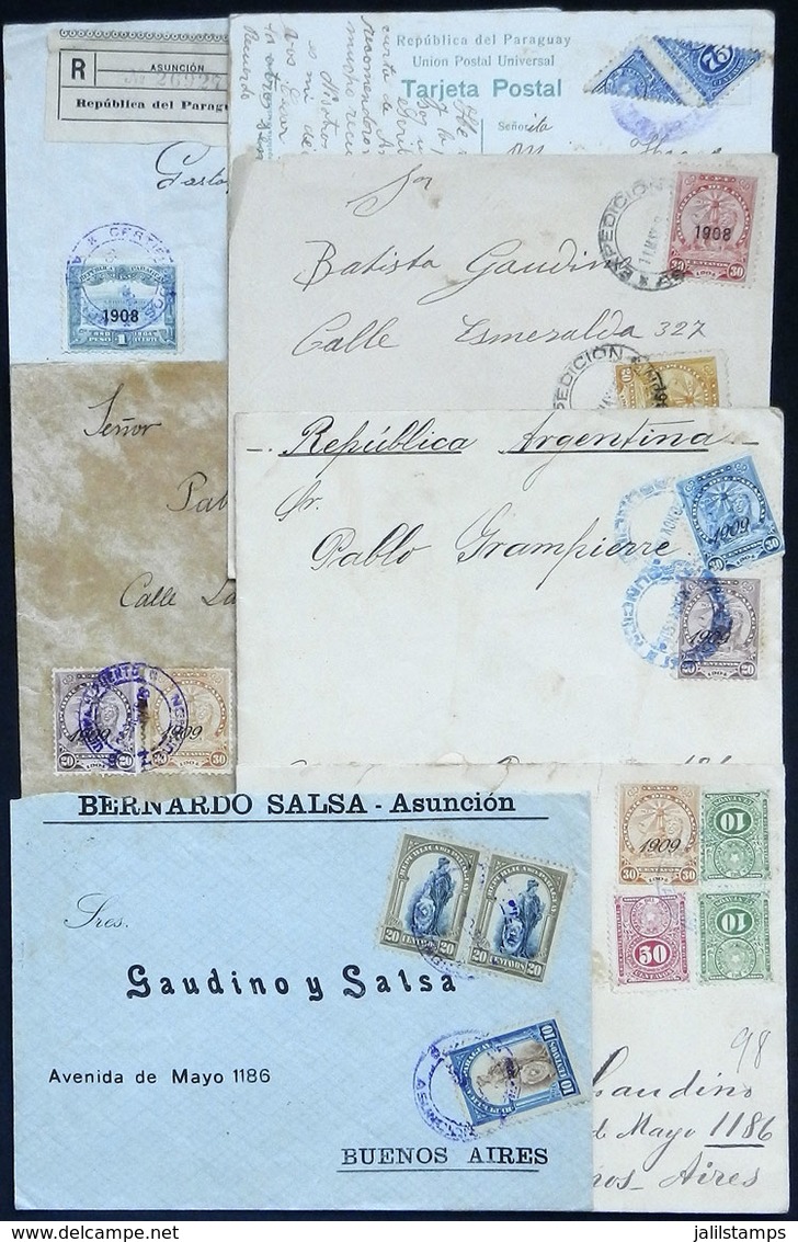 PARAGUAY: 6 Covers + 1 PC Used Between 1908 And 1912, Most Sent To Buenos Aires, 2 Are Registered, With Attractive - Paraguay