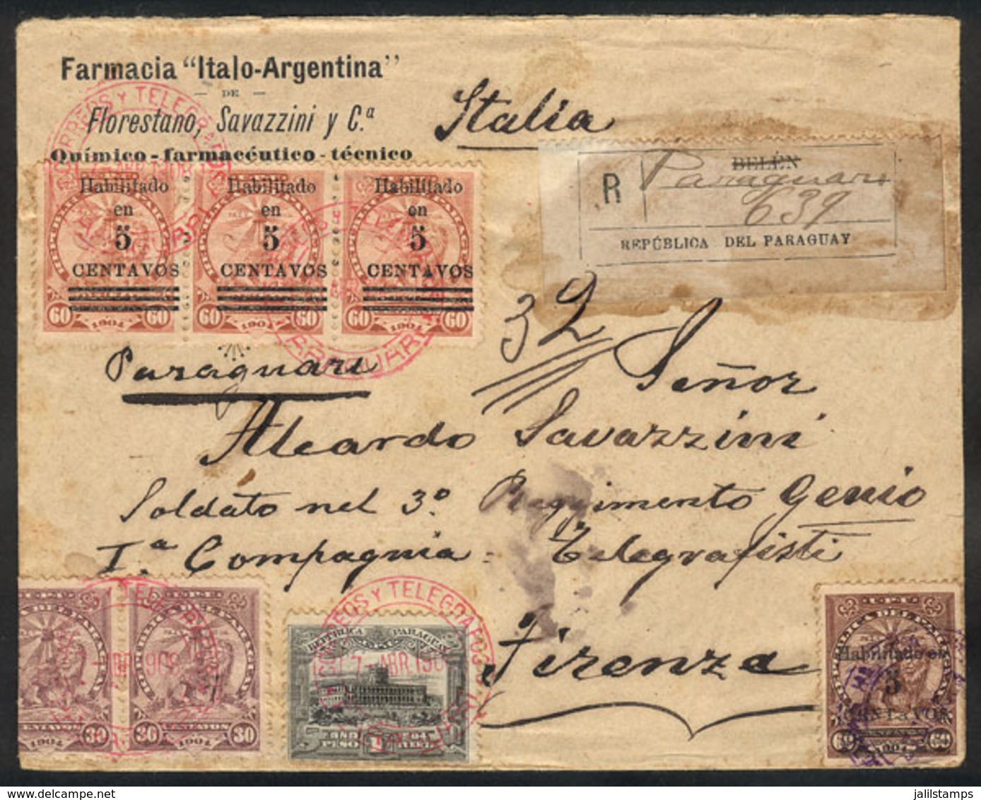 PARAGUAY: Registered Cover Sent From PARAGUARÍ To Italy On 7/AP/1908 With Very Handsome Postage Of 1.80P., On Back - Paraguay