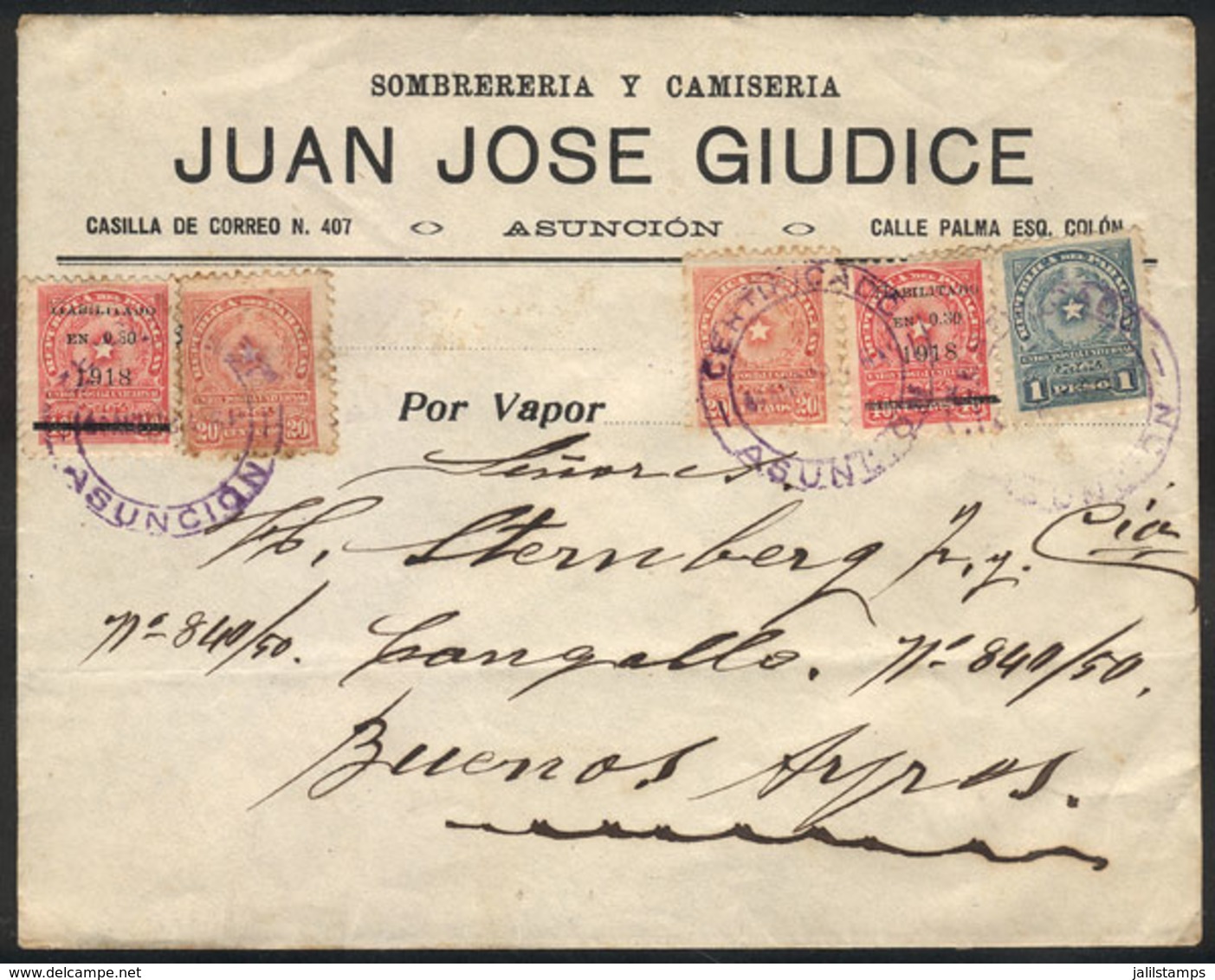 PARAGUAY: Registered Cover Sent From Asunción To Buenos Aires On 4/AP/1919 With Very Nice Postage Of 1P., VF Quali - Paraguay