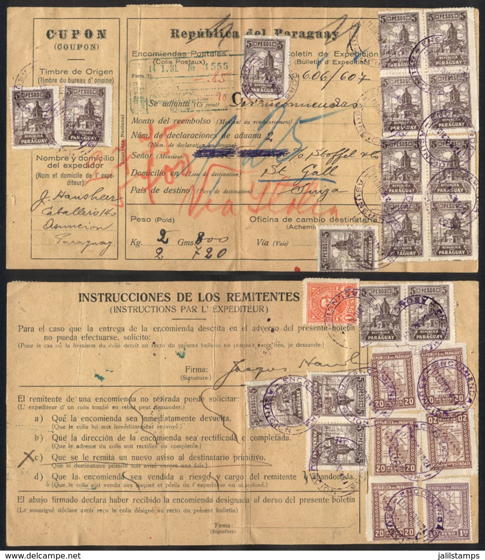 PARAGUAY: Dispatch Note Of A Parcel Post Sent From Asunción To Switzerland On 11/DE/1930, With Spectacular Postage - Paraguay