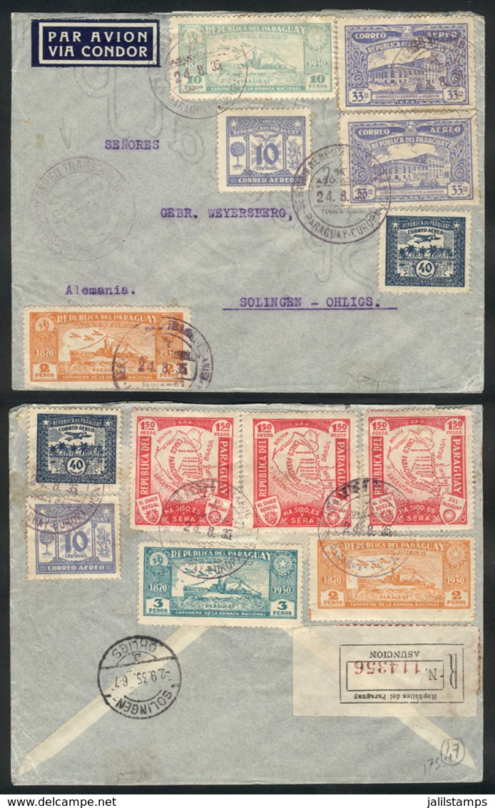PARAGUAY: 24/AU/1935 Asunción - Germany: Registered Airmail Cover With Spectacular Multicolor Postage, Excellent Q - Paraguay