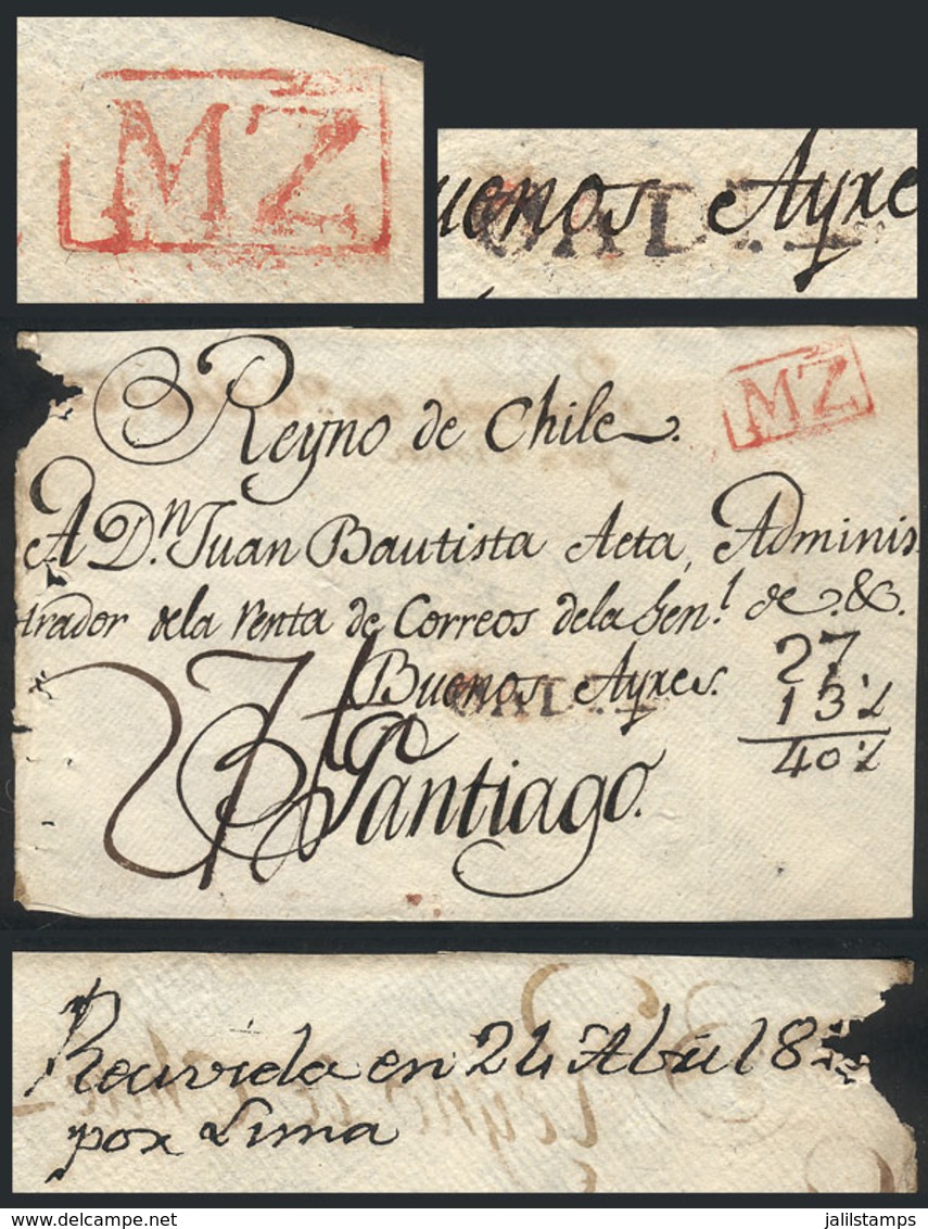 PERU: Front Of Folded Cover Sent From Spain To Santiago De Chile, With Straightline Red CADIZ Mark Applied In - Pérou