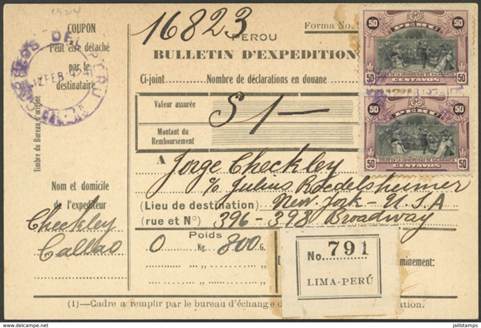 PERU: Circa 1924, Dispatch Note For A Parcel Sent From Lima To USA, Franked With 1S., VF Quality And Very Inte - Perú