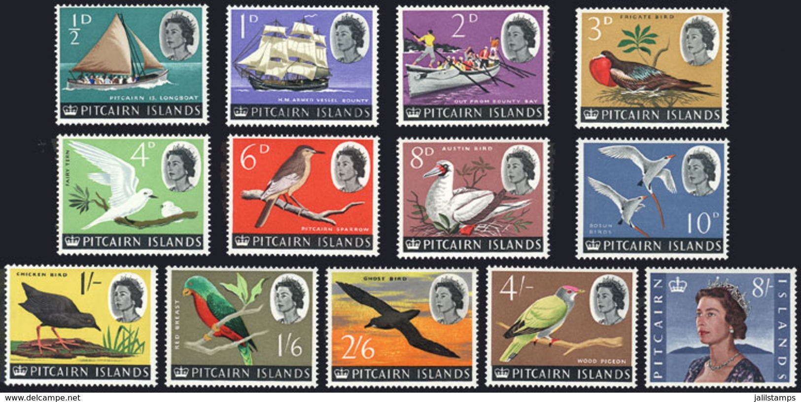 PITCAIRN: Sc.39/51, 1964/5 Ships And Birds, Complete Set Of 13 Unmounted Values, Excellent Quality, Catalog Value - Pitcairn Islands