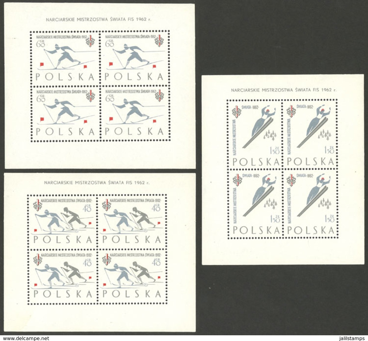 POLAND: Yvert 28/30, 1962 Winter Sports, Cmpl. Set Of 3 Souvenir Sheets, MNH, Excellent Quality! - Autres & Non Classés