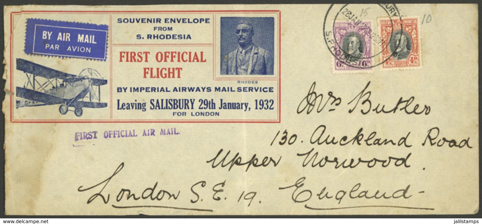 SOUTHERN RHODESIA: 29/JA/1932 Salisbury - London, First Official Flight By Imperial Airways Mail Service, Cover With L - Sonstige - Afrika