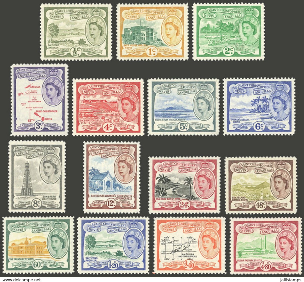 SAINT KITTS: Yvert 134/148, 1954/7 Complete Set Of 15 Values, Mint Very Lightly Hinged, Very Fine Quality! - St.Kitts E Nevis ( 1983-...)