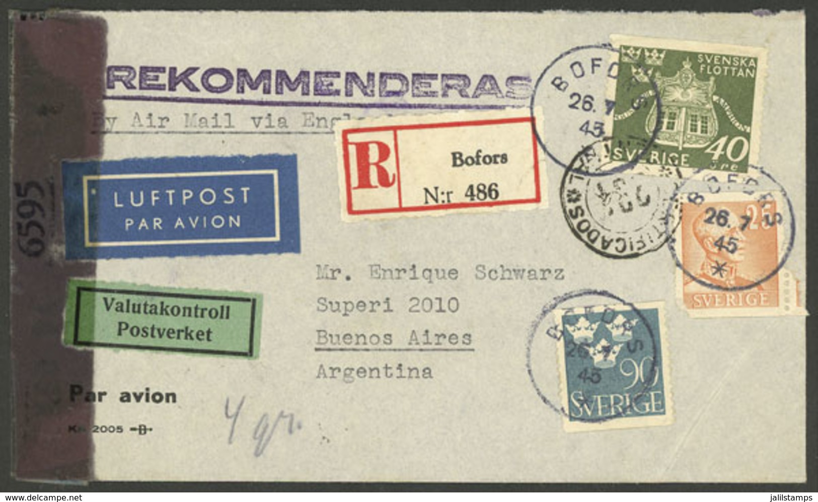 SWEDEN: 26/JUL/1945 Bofors - Argentina, Registered Airmail Cover, With Allied Censor Label, And Backstamps Of Ne - Sonstige & Ohne Zuordnung