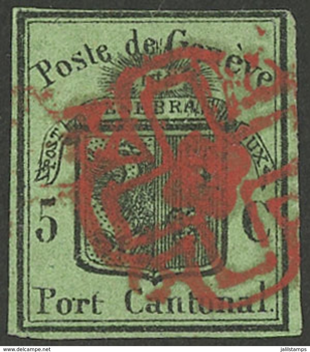 GENEVE: Sc.2L4, 1845/8 5c. Black On Dark Green "Grosser Adler", Used, Wide Margins (the Top One Very Thin, But Complete) - 1843-1852 Timbres Cantonaux Et  Fédéraux