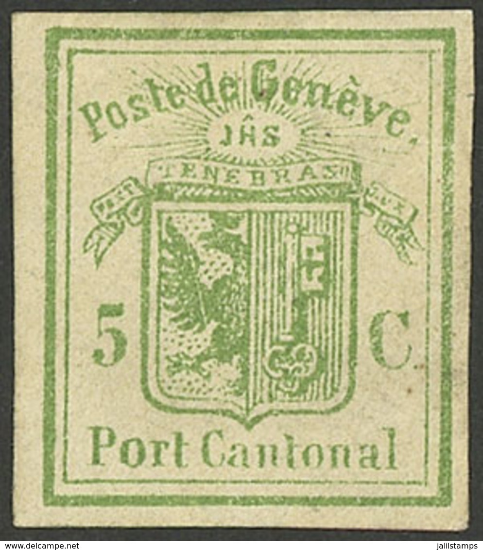 GENEVE: Sc.2LU1 (Yvert 4), 1947 5c. Green, Cut Square, Mint, Very Fine Quality, With Small Guarantee Mark Of Fritz Moser - 1843-1852 Kantonalmarken Und Bundesmarken