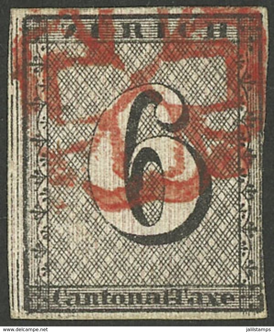 ZÜRICH: Sc.1L2 (Yvert 10a, Zu.2S), 1843 6r. Black With Vertical Lines, Used, Just Margin At Right Else Excellent. With C - 1843-1852 Timbres Cantonaux Et  Fédéraux