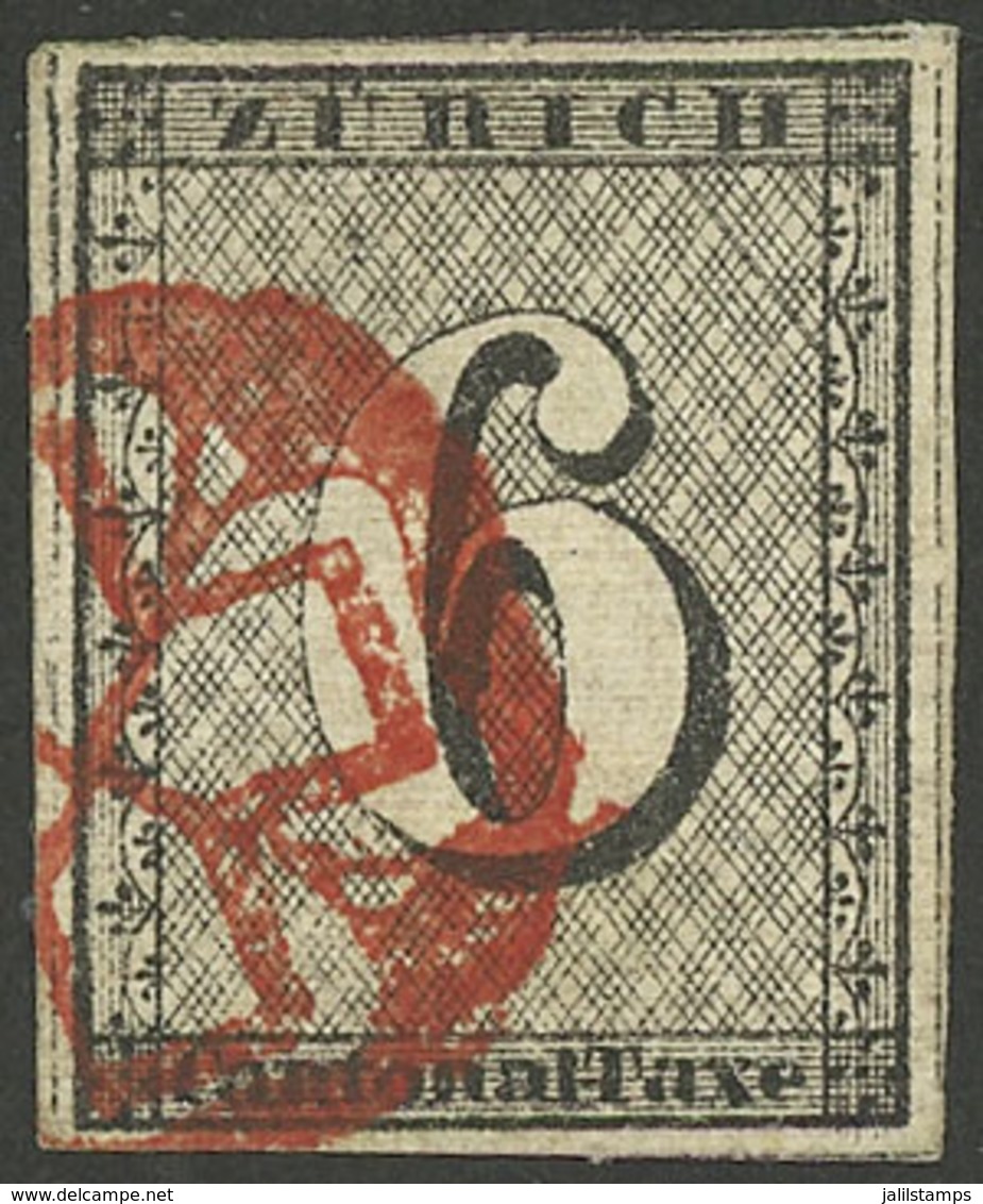 ZÜRICH: Sc.1L4 (Yvert 10, Zu.2W), 1846 6r. Black With Horizontal Lines, Used, Very Fine Quality. With Certificate Of Rel - 1843-1852 Kantonalmarken Und Bundesmarken