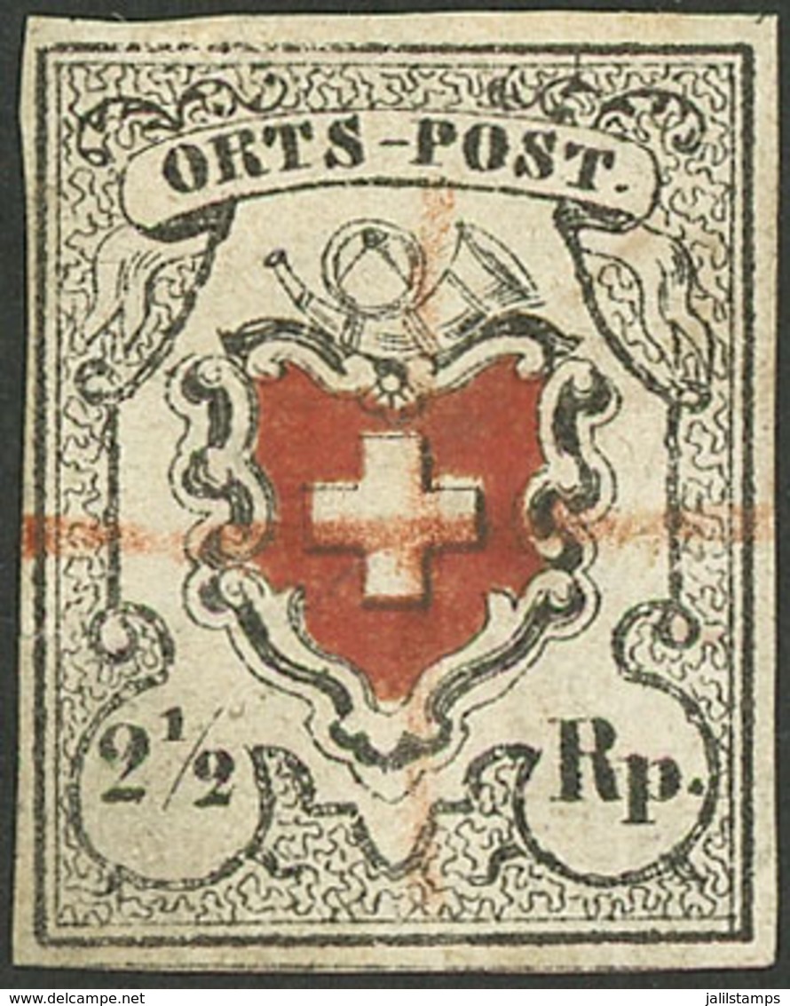 SWITZERLAND: Sc.1 (Yvert 17, Zu.13I), Type 3, With Red Pen Cancel, Fine To Very Fine Complete Margins, Handsome Examp - Autres & Non Classés